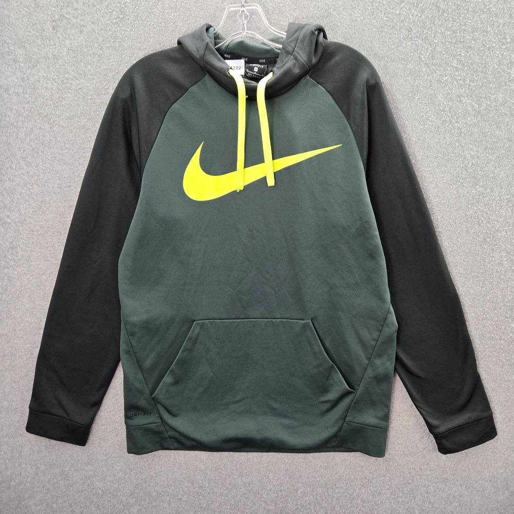 Nike Men Sweatshirt Medium Green Colorblock Hoodie Swoosh Logo Fleece Pullover